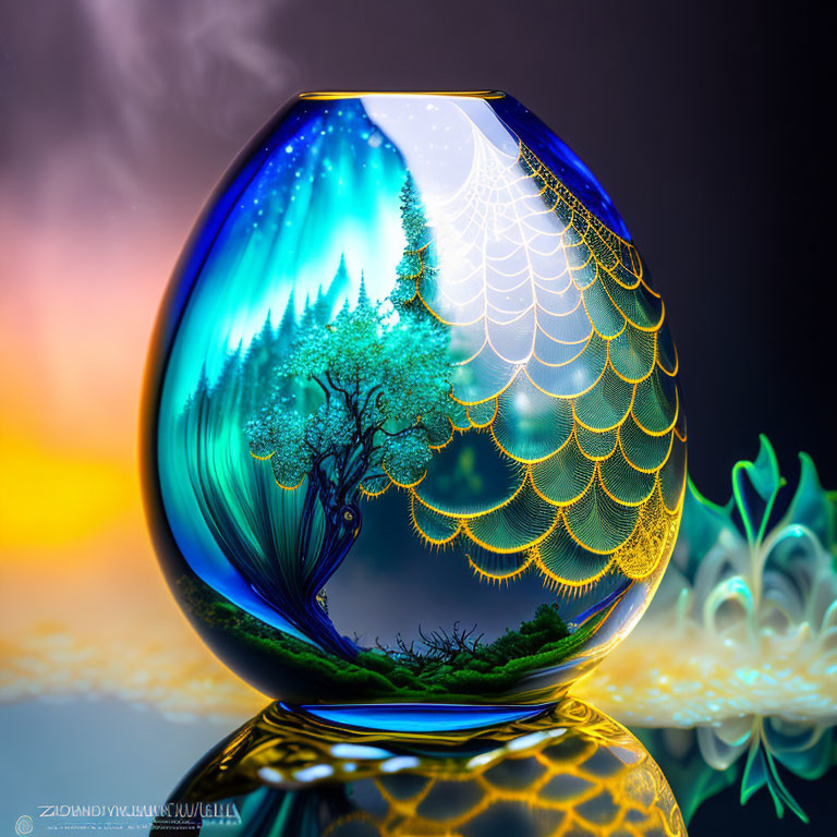 Colorful Glass Vase with Nocturnal Tree and Cobweb Design