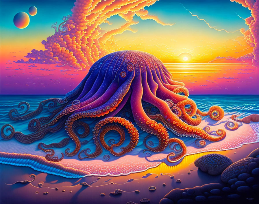 Colorful surreal artwork: giant octopus on beach with sunset, multi-colored sky, dual-tone sun