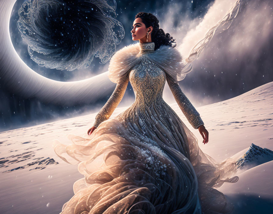 Regal woman in ornate gown in snowy landscape with celestial bodies