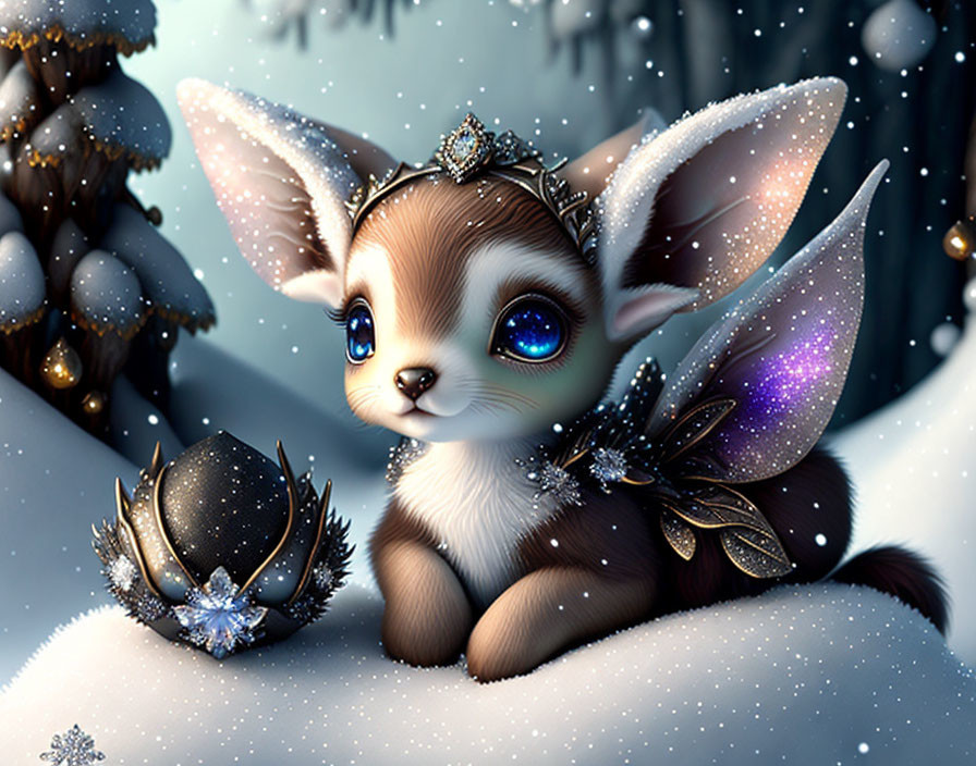 Fantasy fawn-like creature with luminous wings in snowy landscape