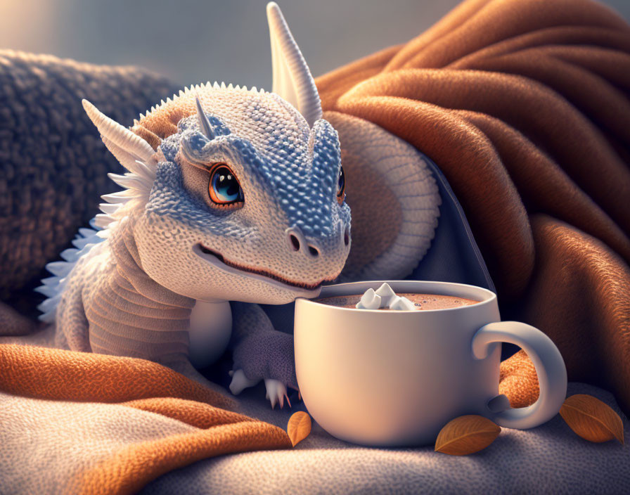 Animated dragon with hot chocolate and cozy blanket in autumn scene