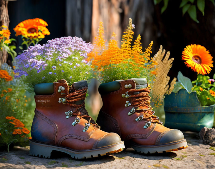 Brown hiking boots in garden setting with flowers and watering can