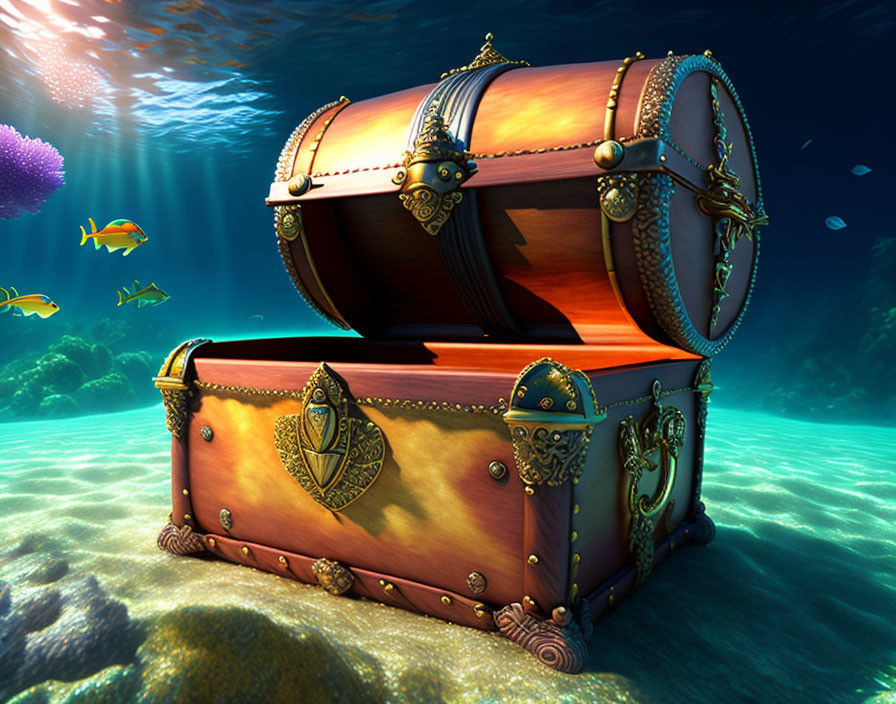 Sunlit ocean floor with open treasure chest, coral, and fish