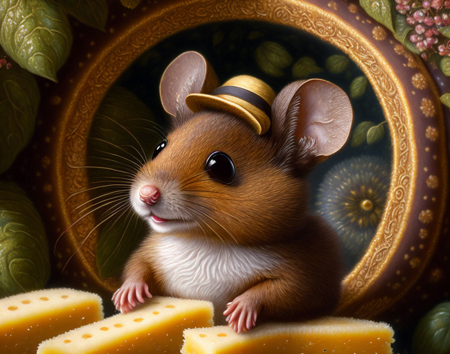 Anthropomorphic mouse with hat in cheese and lush vegetation landscape