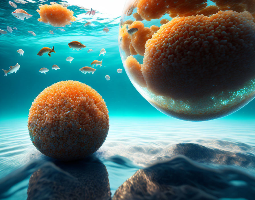 Vibrant underwater scene with fish and orange coral formations