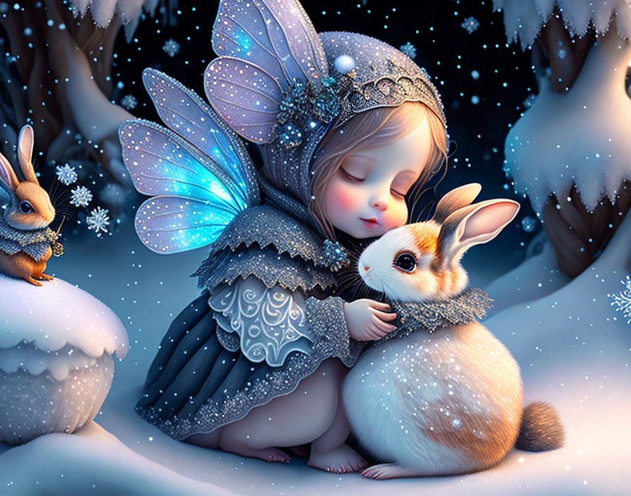 Child with fairy wings hugging rabbit in snowy forest