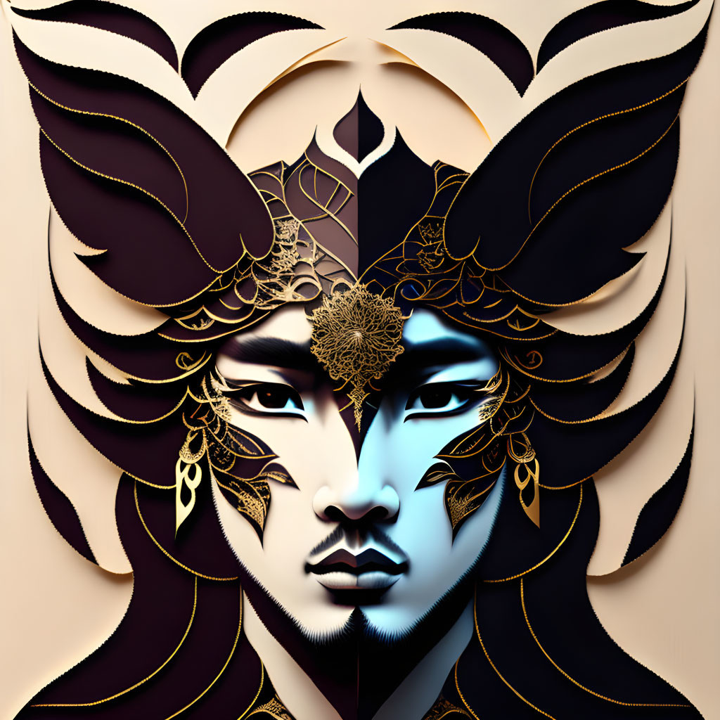 Face with ornate golden mask-like embellishments and feathers on cream background