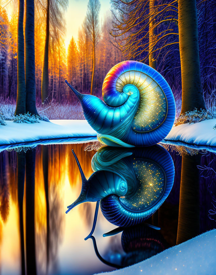 Iridescent snail with starry shell in snowy forest by tranquil river