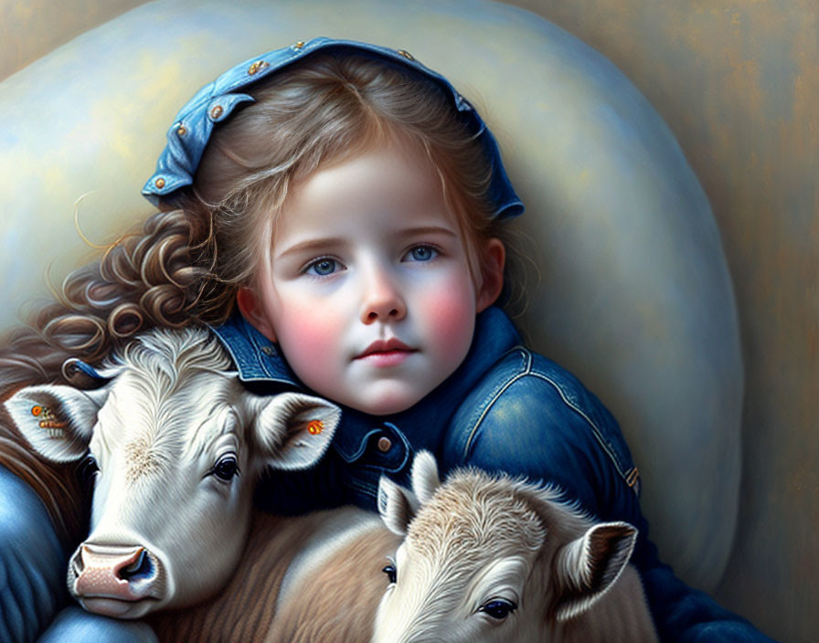 Young girl in denim outfit cuddles with two calves