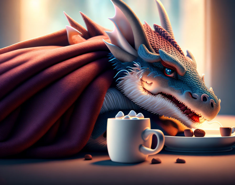 Dragon enjoying hot cocoa and blanket in cozy setting