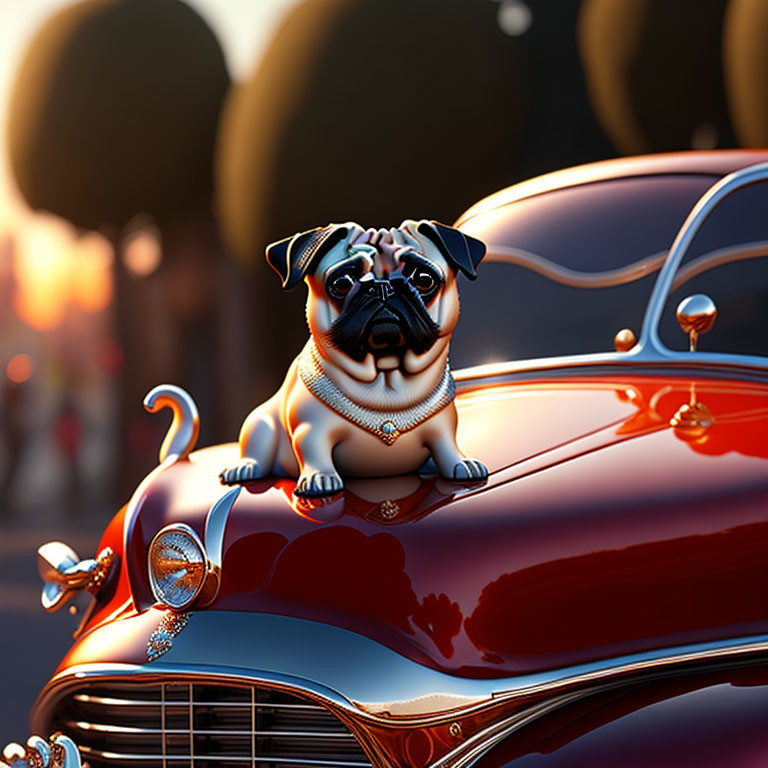 Digital Cartoon Pug Dog Artwork on Vintage Car Hood at Sunset