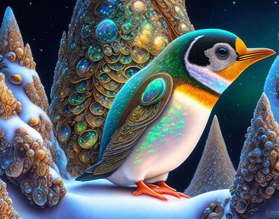 Colorful digital art of a penguin with jewel-like patterns in icy landscapes