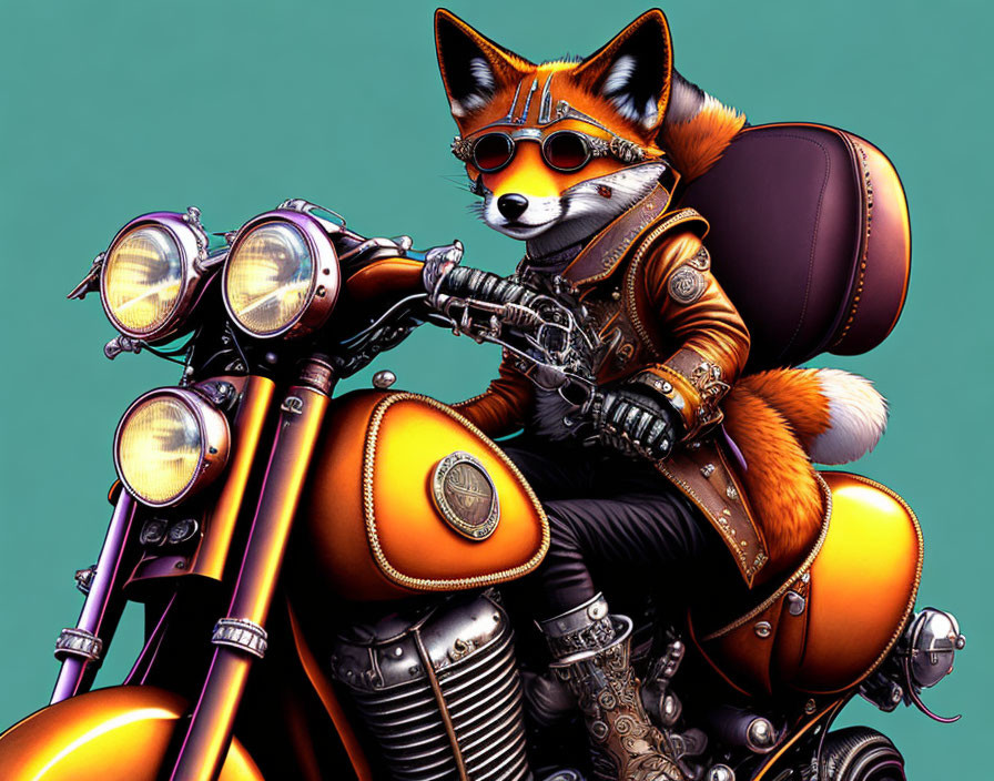 Red Fox in Leather Jacket Riding Orange Motorcycle with Dual Headlights