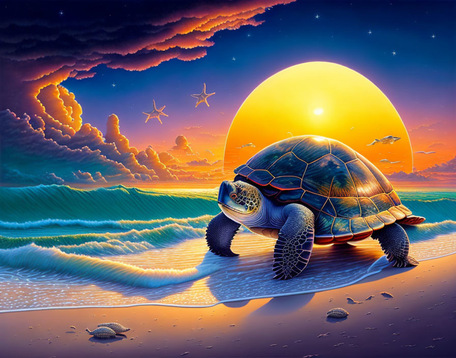 Colorful Turtle Artwork on Sandy Beach at Sunset