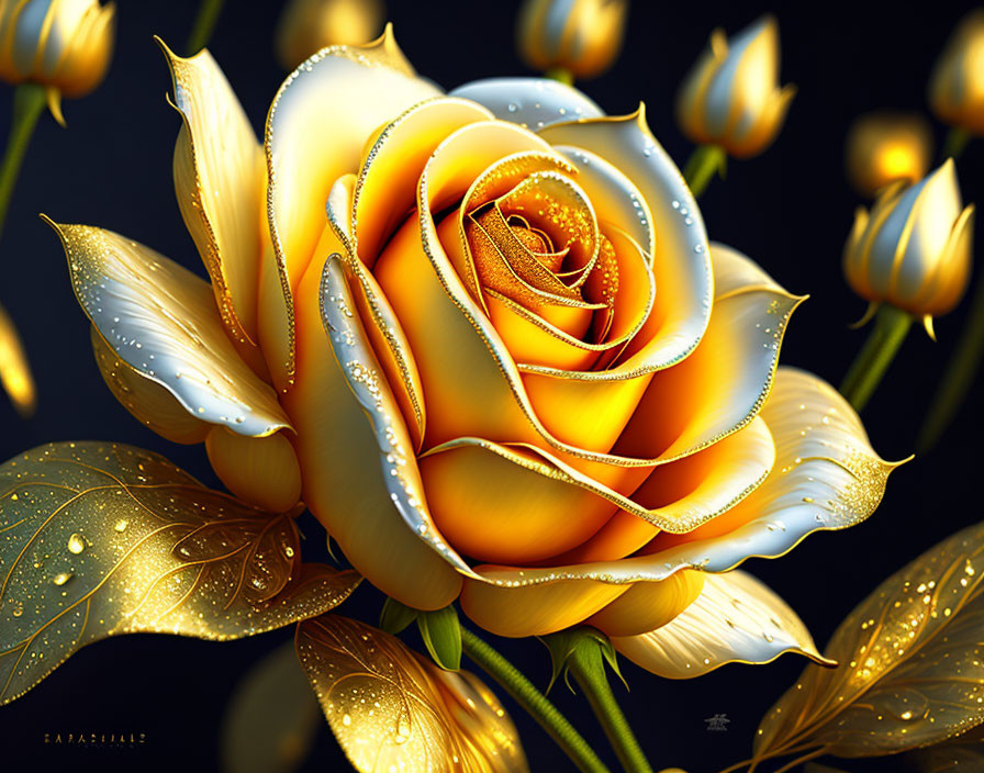 Vibrant digital artwork: Yellow rose with dewdrops and golden leaves on dark background