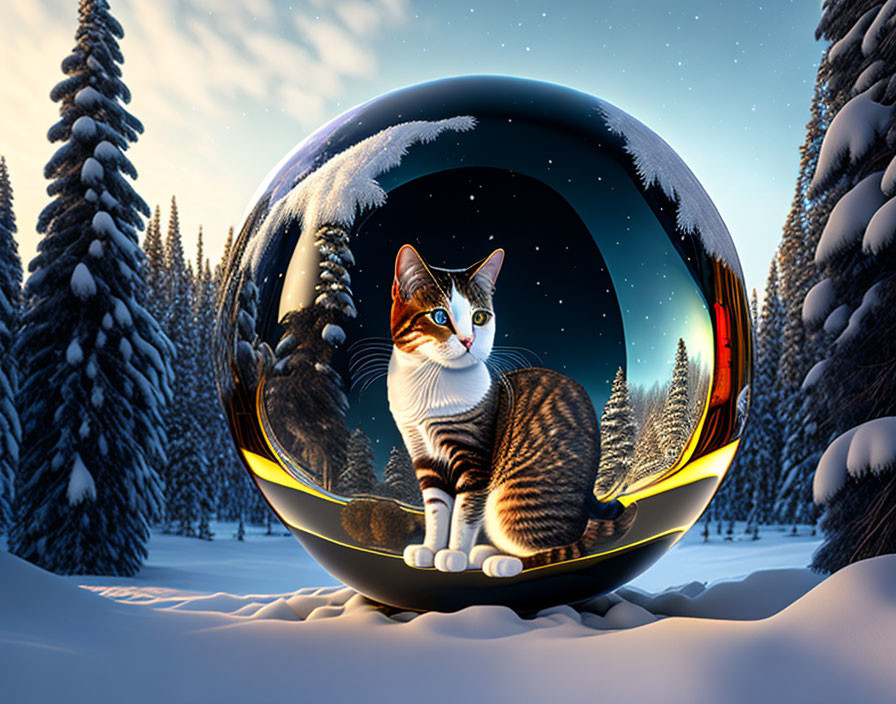 Calico Cat in Transparent Sphere Contrasts Warm Interior with Snowy Twilight Forest