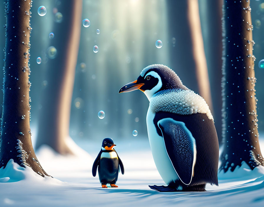 Animated penguins in snowy forest with floating bubbles and sunlight