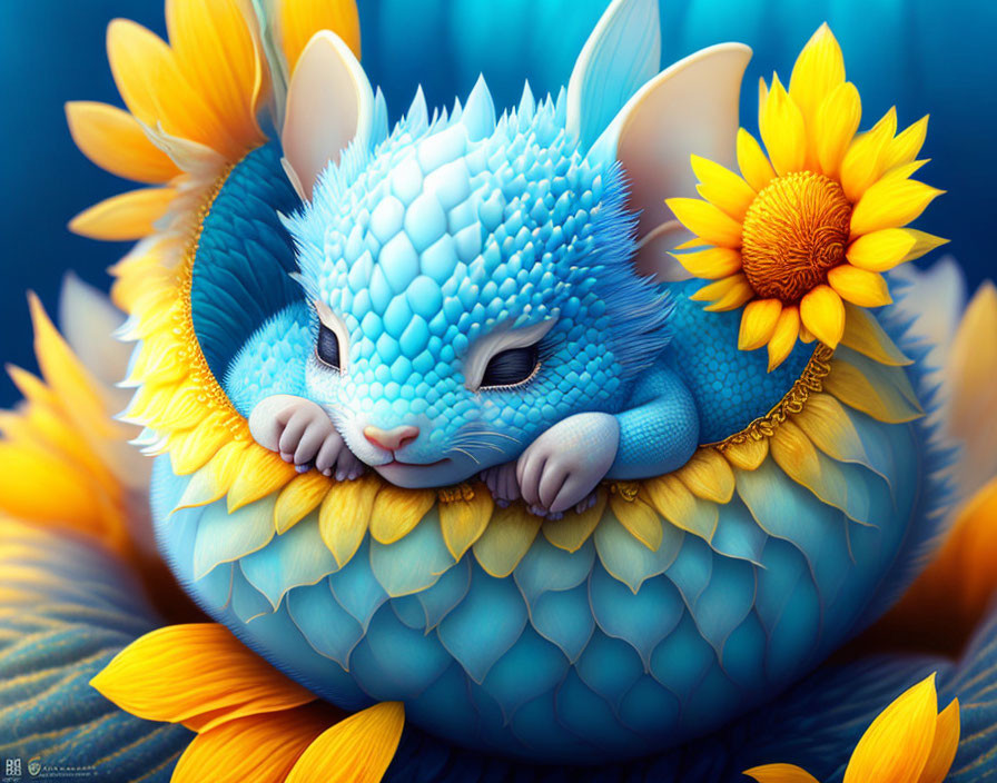 Blue dragon-like creature among yellow sunflowers with scale pattern