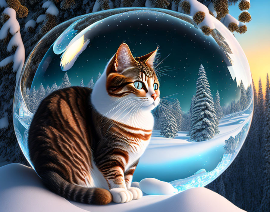 Tabby cat in transparent bubble with wintry landscape and comet streaking in blue sky