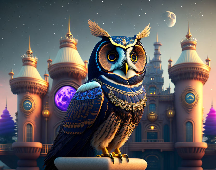 Majestic owl illustration with fantasy castle and crescent moon