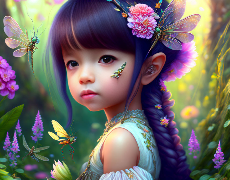 Young girl with elfin features in vibrant forest scene