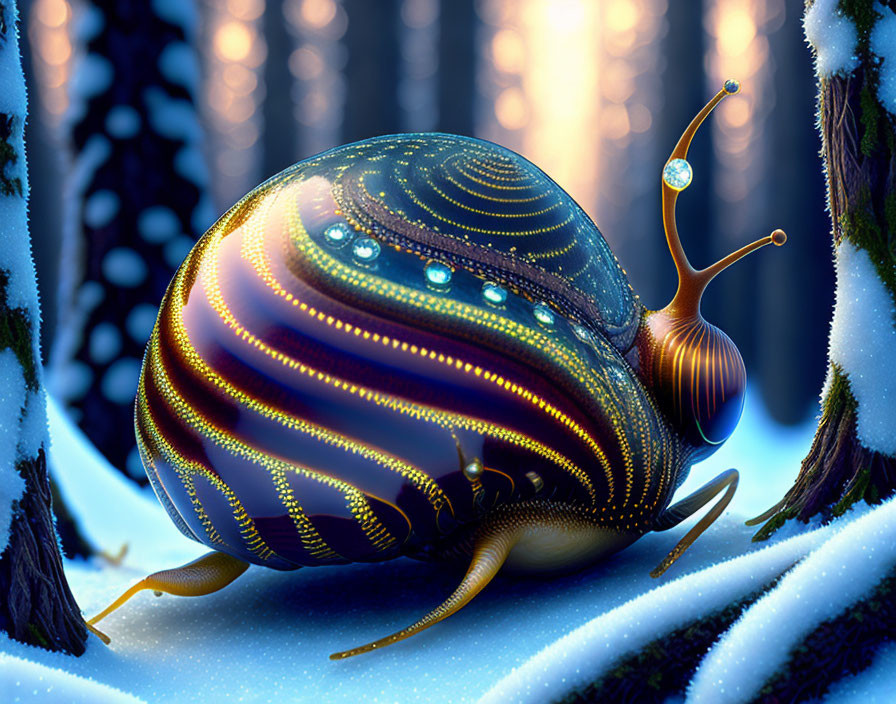 Luminous snail in snowy enchanted forest with glowing blue light