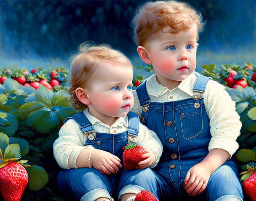 Children in denim overalls amidst strawberry plants holding fruit