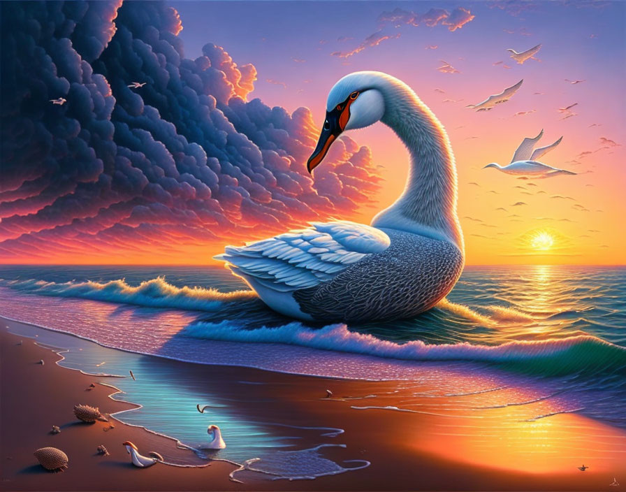 Graceful swan on tranquil beach at sunset with pink and orange sky, reflective water, seash