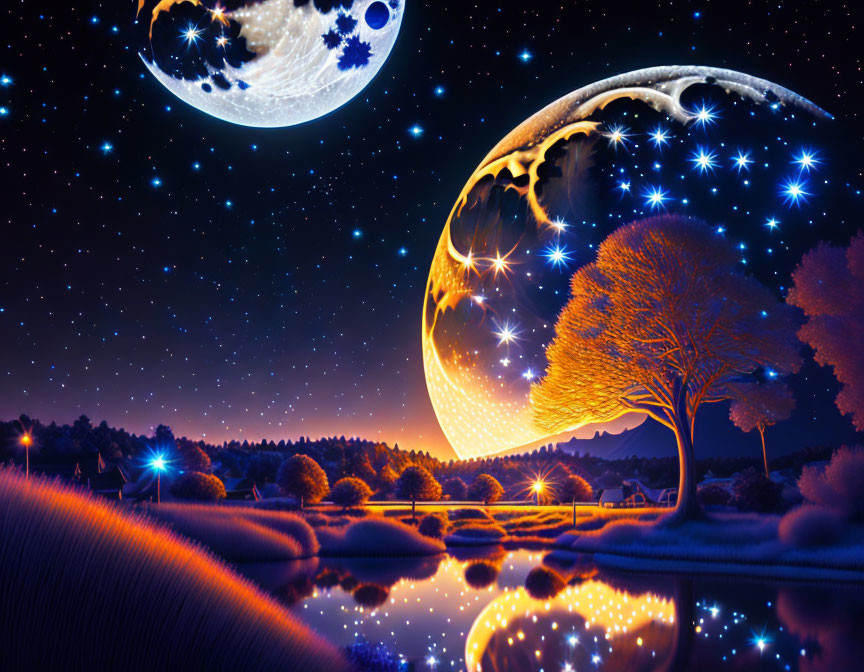 Surreal landscape with vibrant night sky, moons, glowing tree, and water reflections