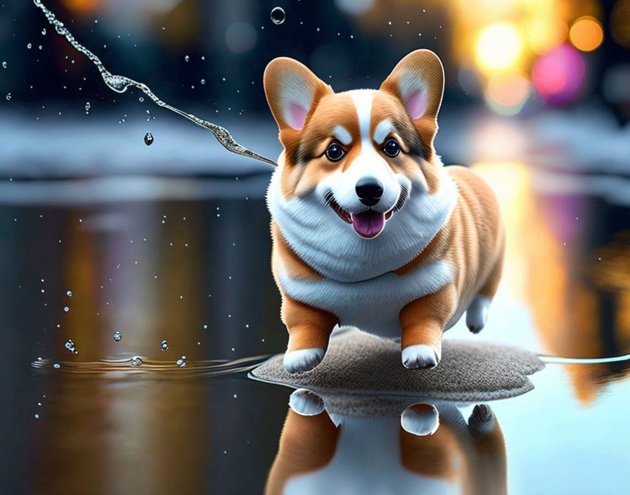 Smiling Pembroke Welsh Corgi on stone with water splashing and bokeh background