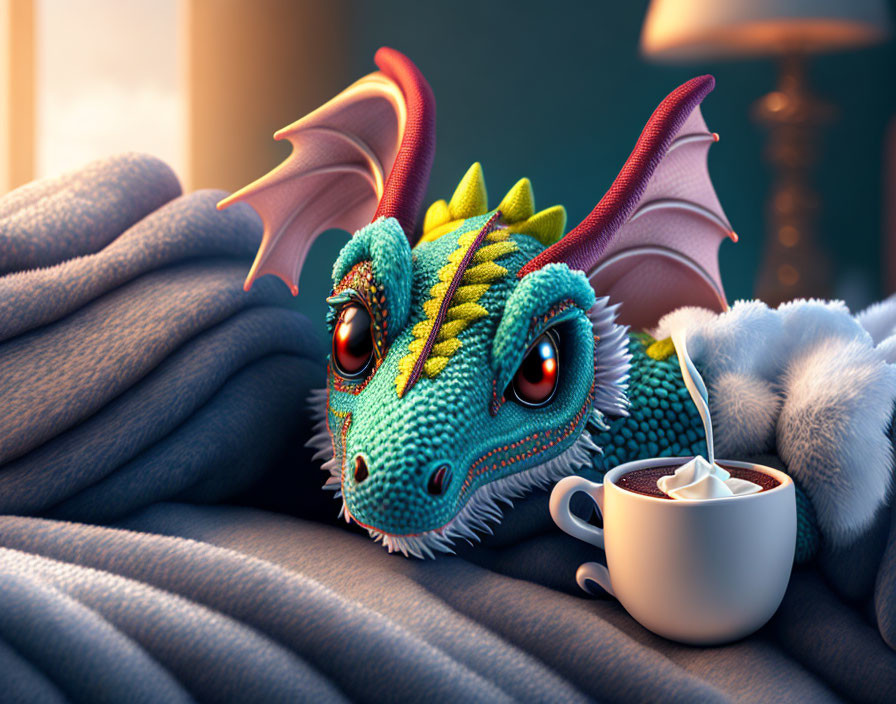 Colorful whimsical dragon with large eyes resting near a hot beverage with marshmallows.