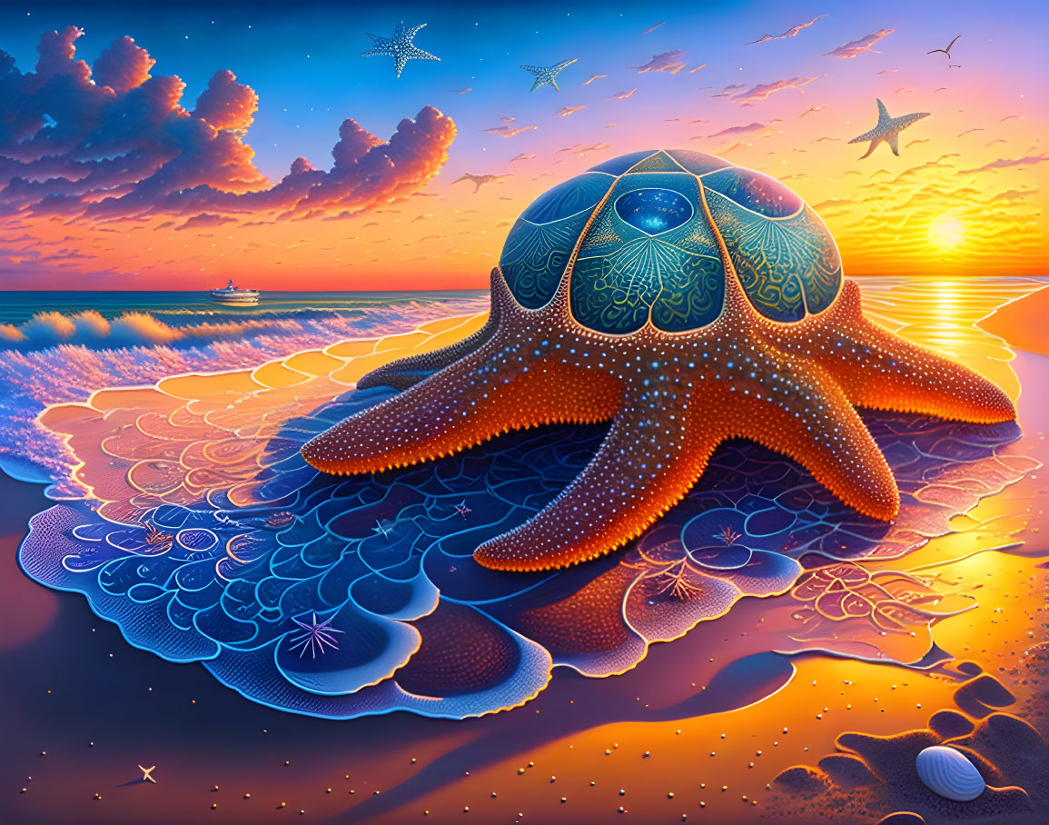 Colorful Starfish Illustration on Beach at Sunset with Detailed Patterns