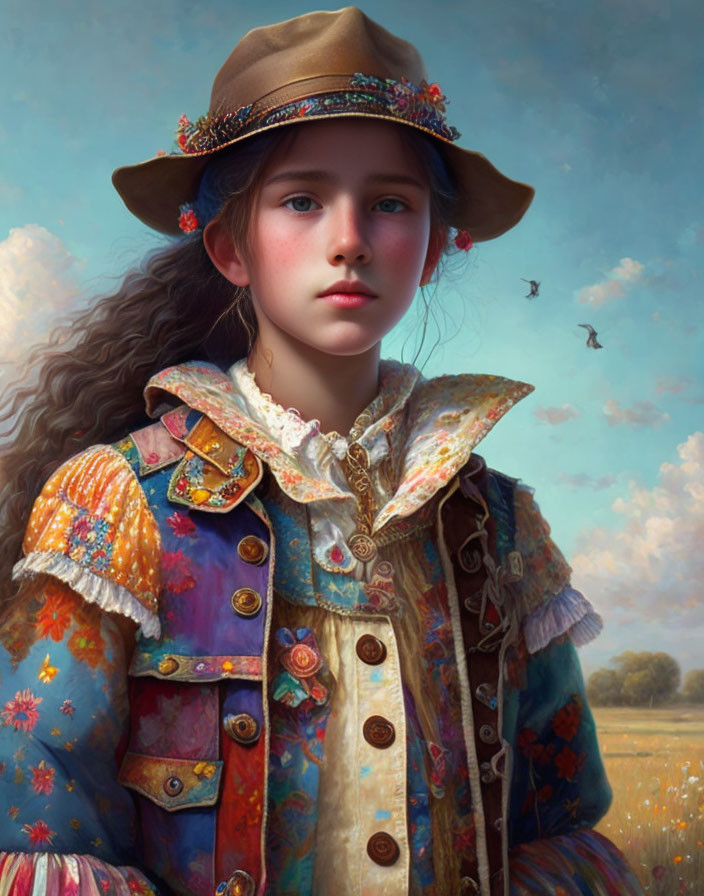 Young girl in vintage outfit with flower-adorned hat in pensive gaze against field and sky backdrop