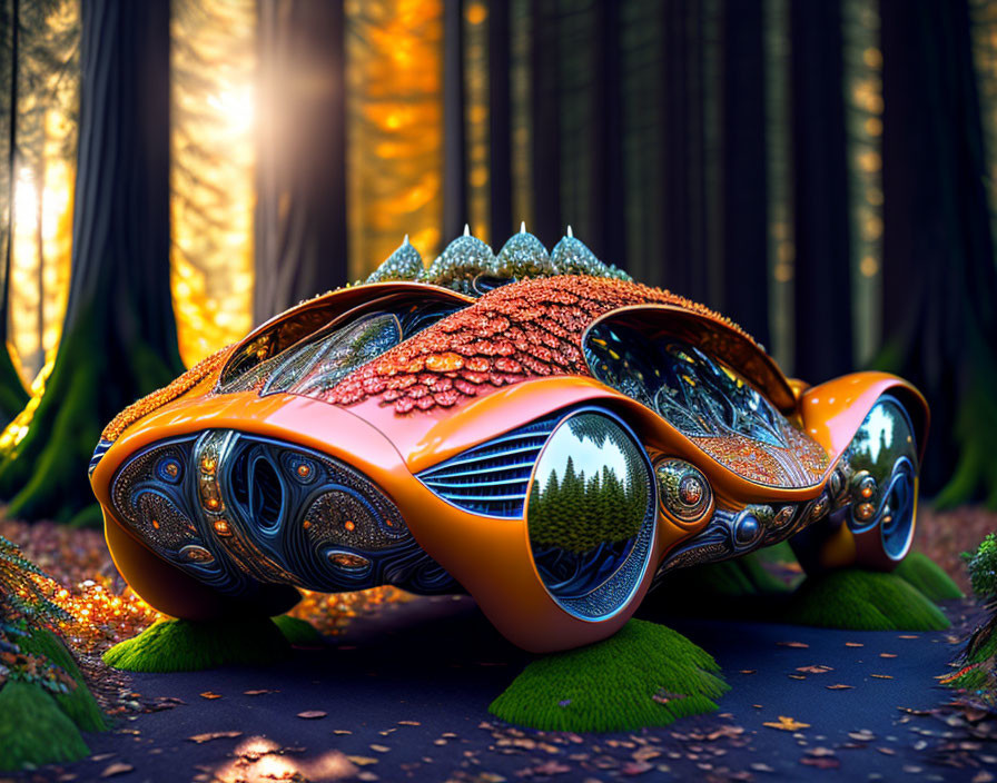 Intricate futuristic orange car in magical forest with sunlight.