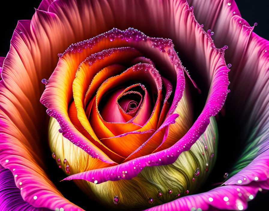 Vibrant multicolored rose with dewdrops on dark background