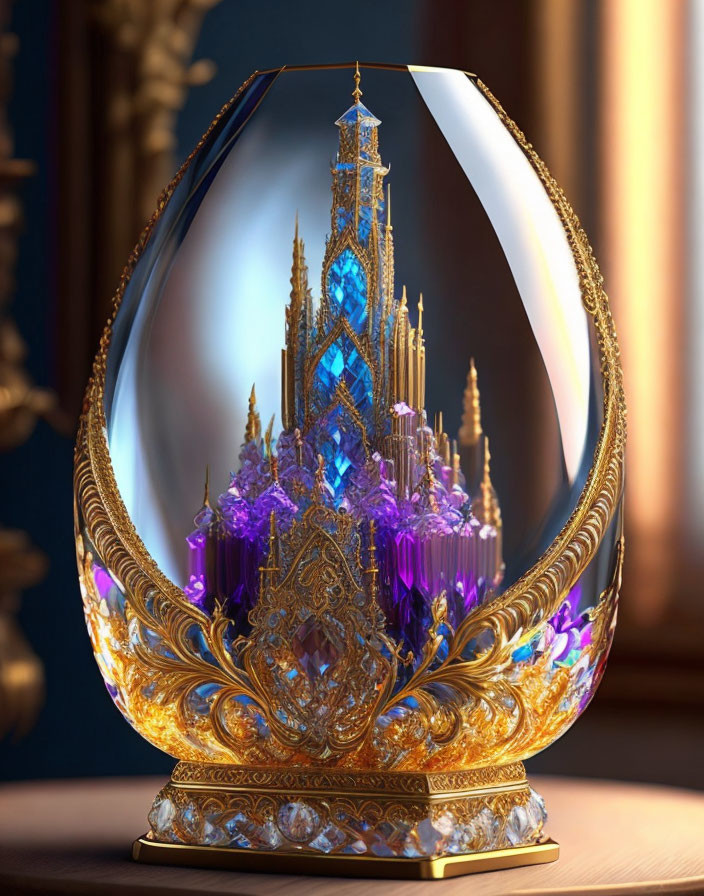 Ornate glass egg with crystal castle and gold filigree details