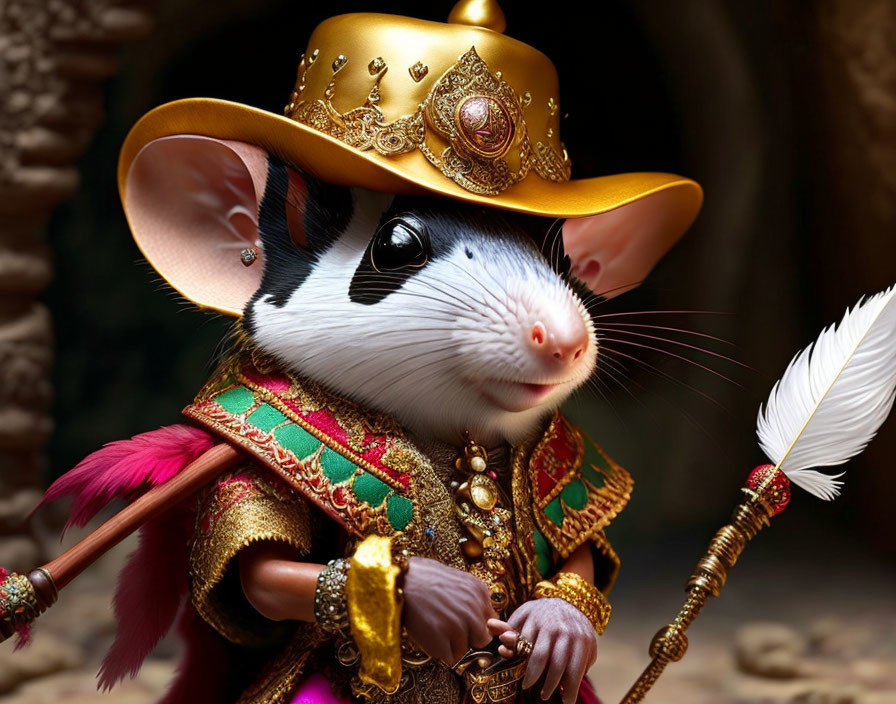 Detailed illustration of whimsical mouse in ornate golden costume with feathered hat and quill