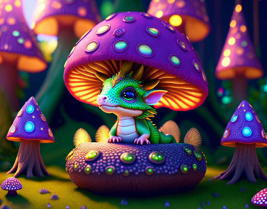 Vibrant illustration: whimsical dragon under purple mushroom