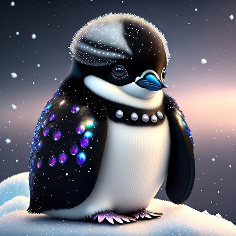 Chubby penguin illustration on snowy night with star-filled body