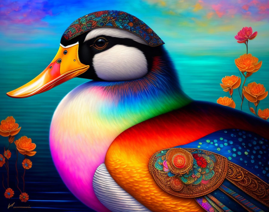 Colorful Duck Illustration with Patterned Head Covering and Decorative Body against Blue Sky and Orange