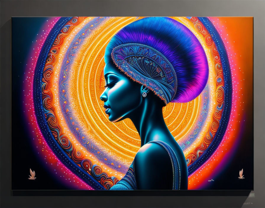 Colorful digital artwork: Woman with headdress in profile on swirling background