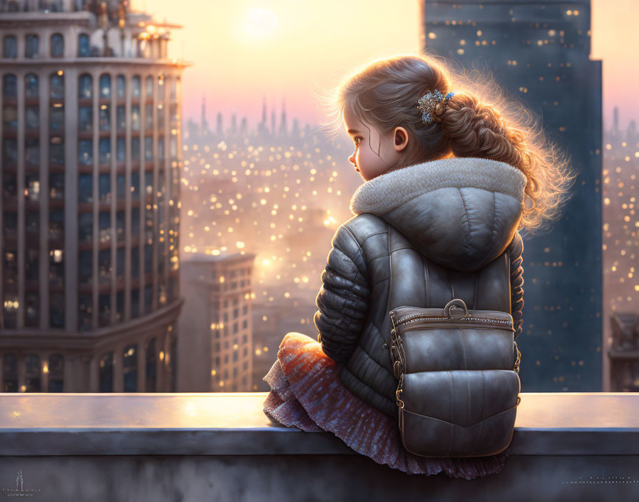 Young girl with flower in hair on cityscape ledge at sunset