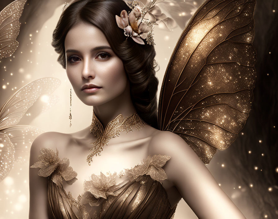 Golden butterfly wings and floral hairpiece on elegant woman in gold dress