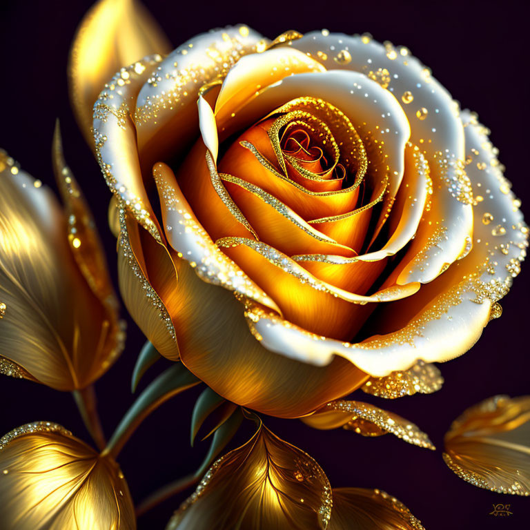 Vibrant digital artwork of gold-tinted rose with dewdrops on petals