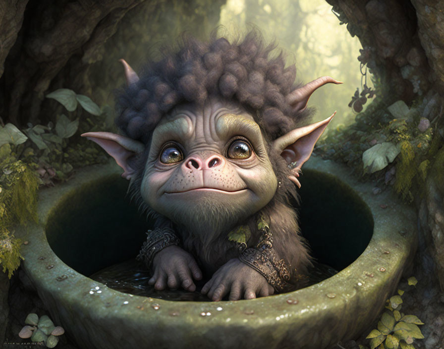 Whimsical illustration of cute furry creature in enchanted forest