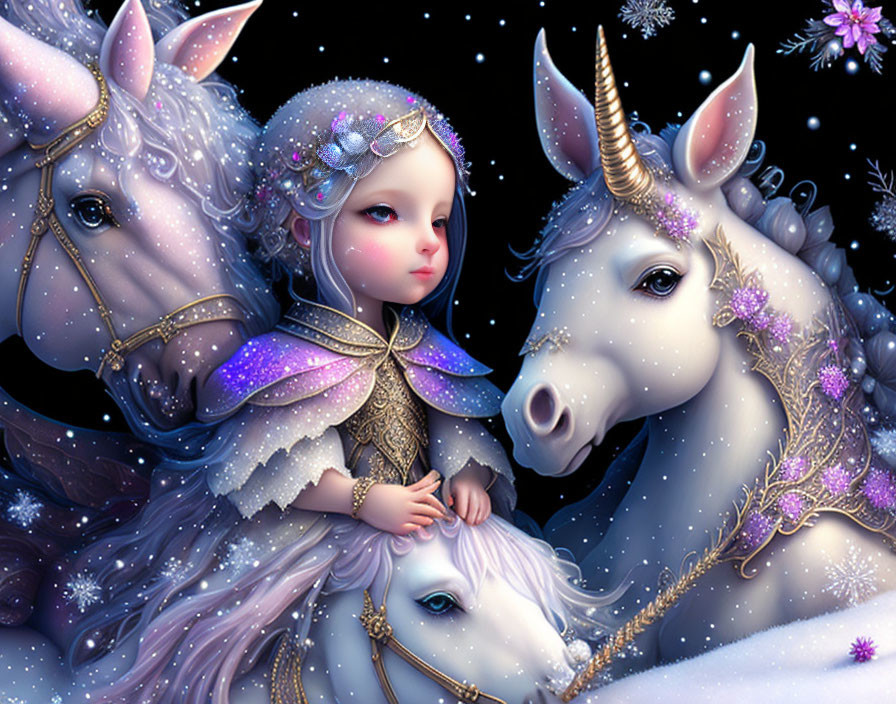 Child with unicorns under starry sky in fantasy snowfall