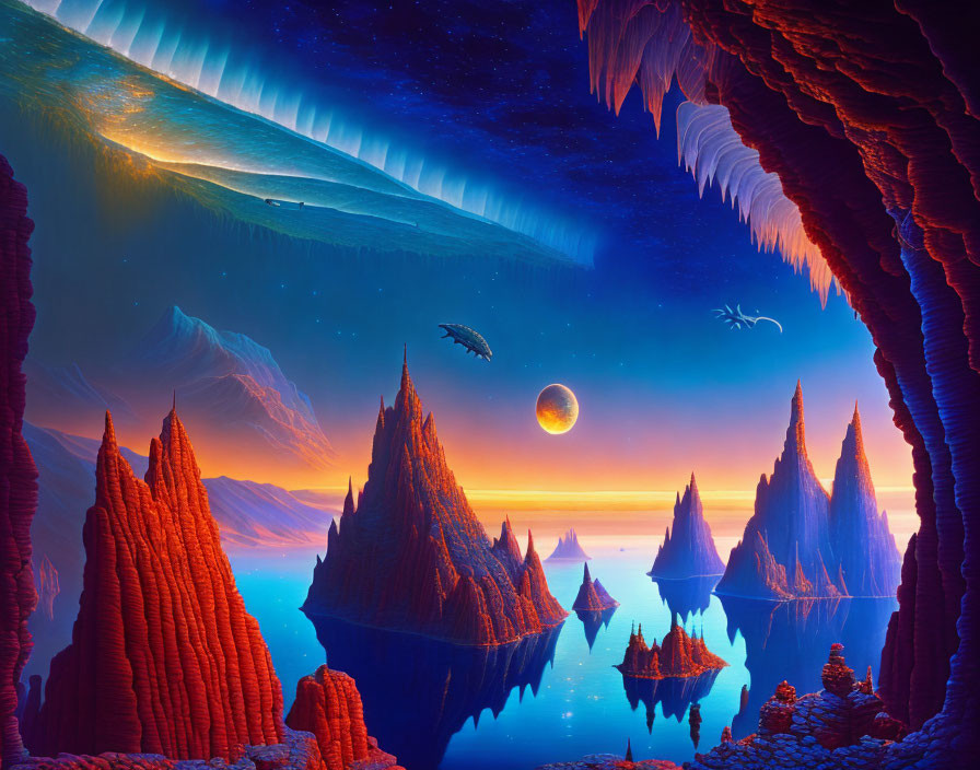 Fantasy landscape with vibrant blue and orange hues, rocky spires, calm waters, sky with planets