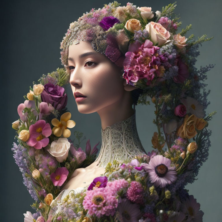 Portrait of a person with elaborate floral headdress and roses on muted backdrop