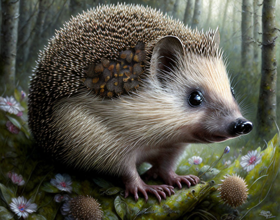 Detailed realistic hedgehog illustration with glistening eyes in green foliage.