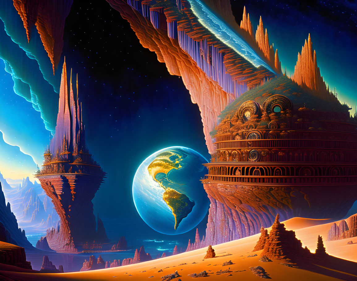 Sci-fi landscape with towering spires and domed structures